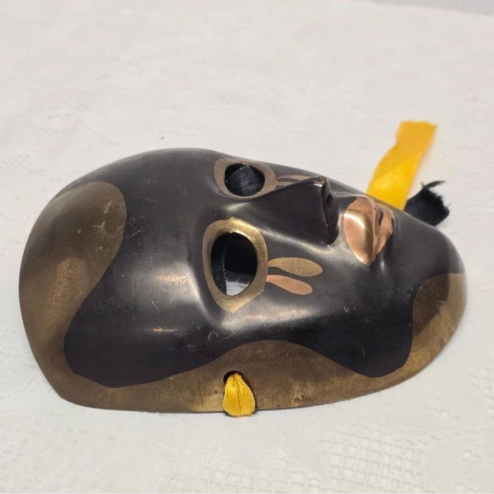 Vintage Solid Brass Theater Entity Mask Black Gold Wall Hanging MCM Decor